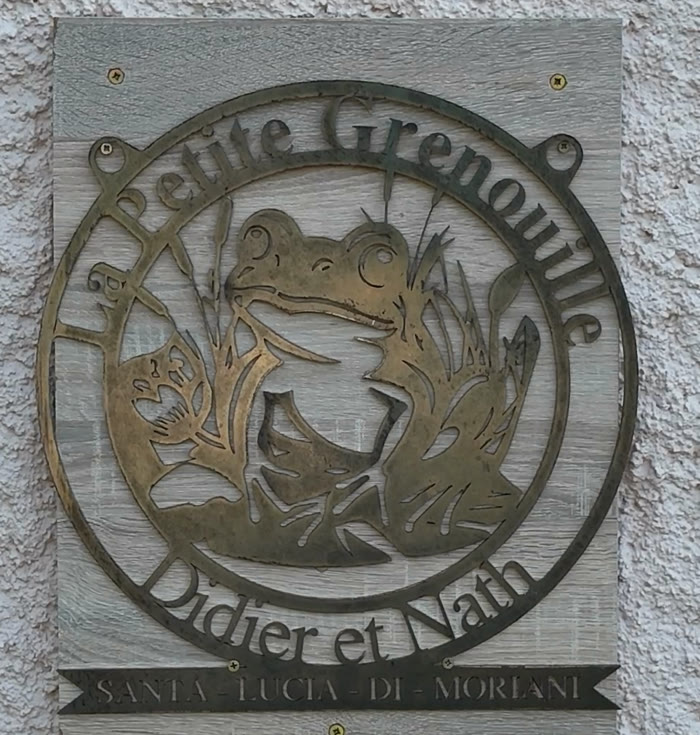 La plaque en métal découpé de La Petite Grenouille : une grenouille dans les roseaux, Didier et Nath, Santa-Lucia-di-Moriani
